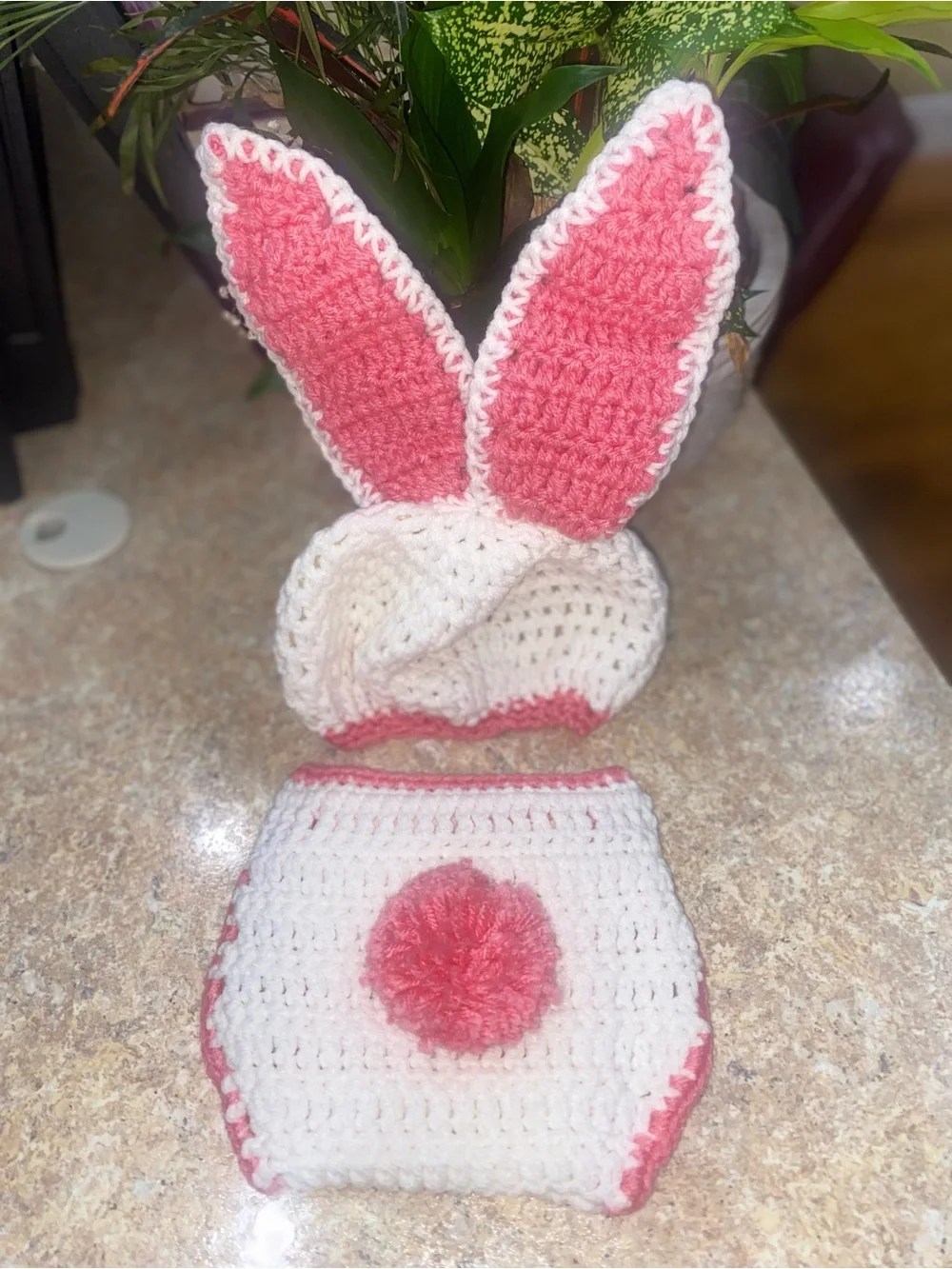 Handmade Crochet Bunny Diaper Cover & Ear Hat - White and Bright Pink